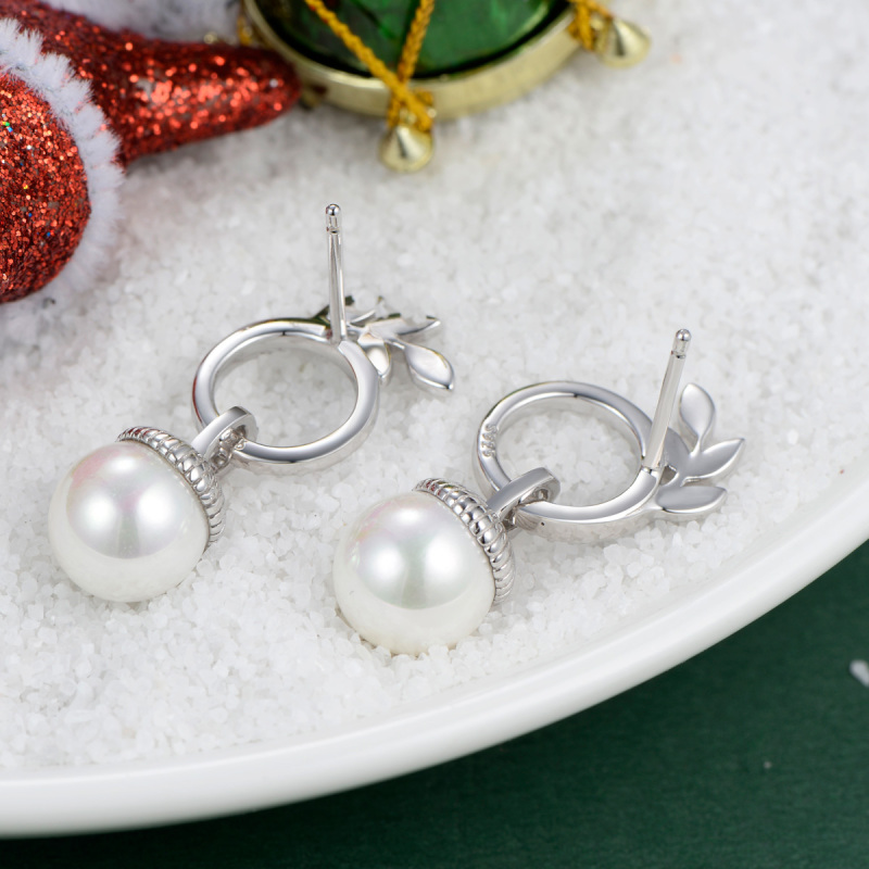 Christmas olive leaf acorn pearl stud earrings