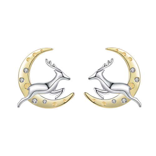 Christmas moon running deer studs earrings