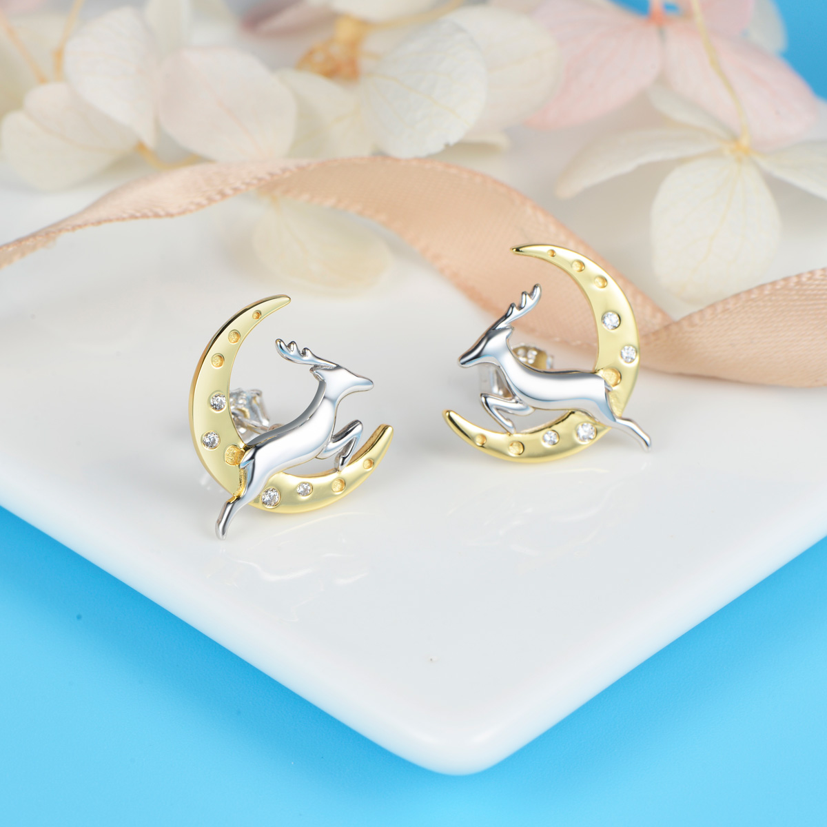 Christmas moon running deer studs earrings