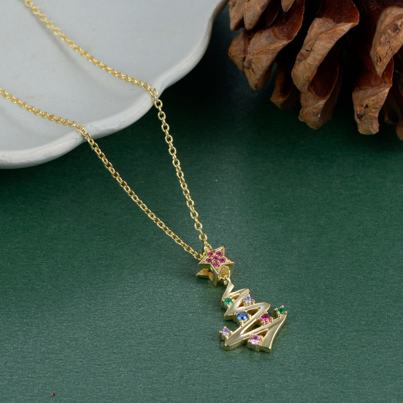 Christmas tree gold plated crystal pendant necklace