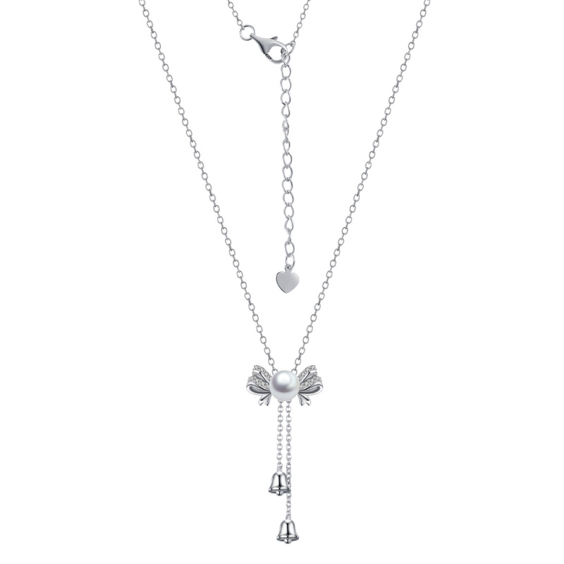 Christmas bell bow tie pearl long necklace