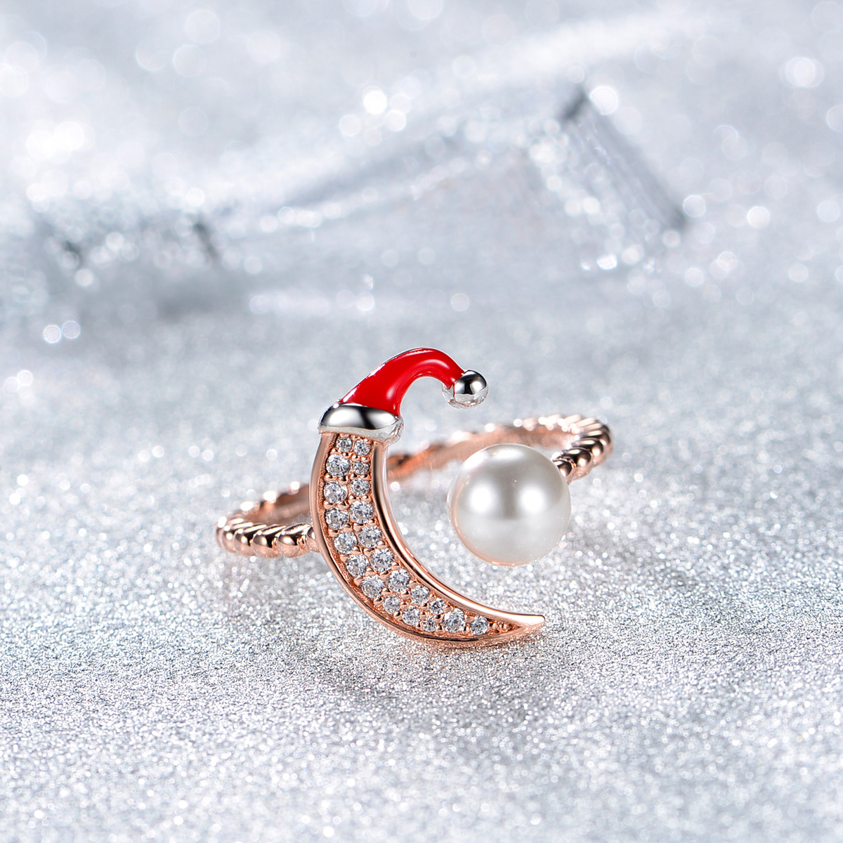 Pearl Moon Ring in Christmas Hat