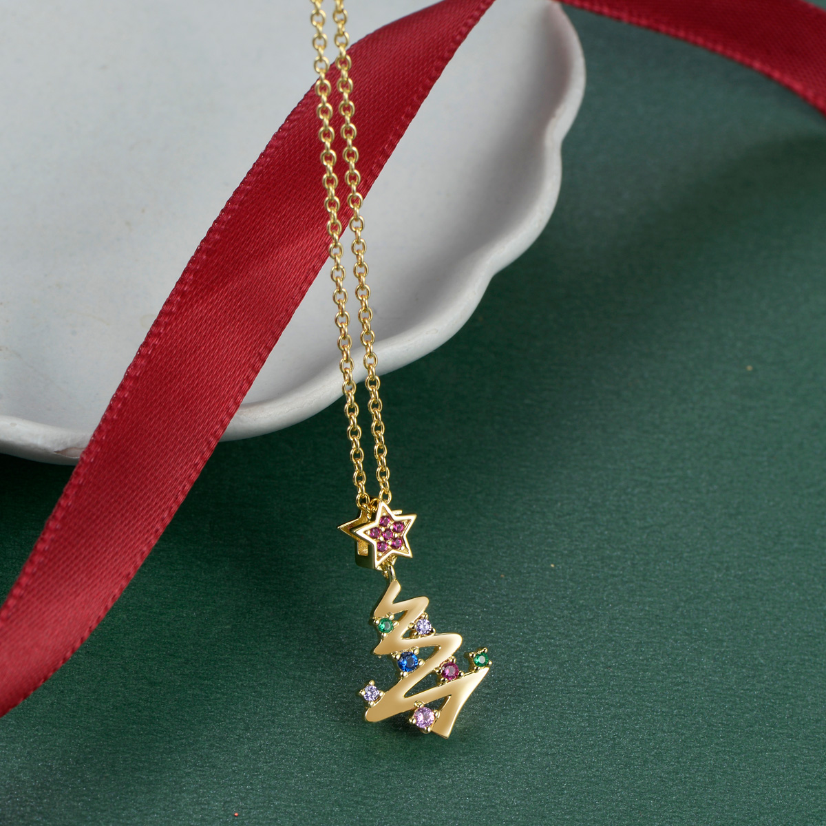 Christmas tree gold plated crystal pendant necklace