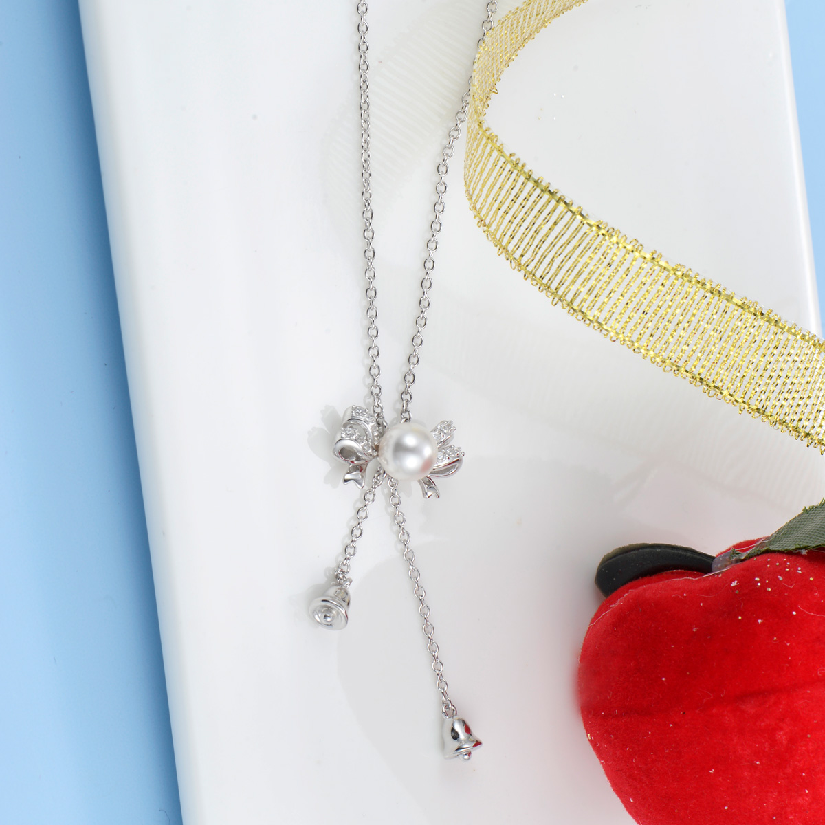 Christmas bell bow tie pearl long necklace