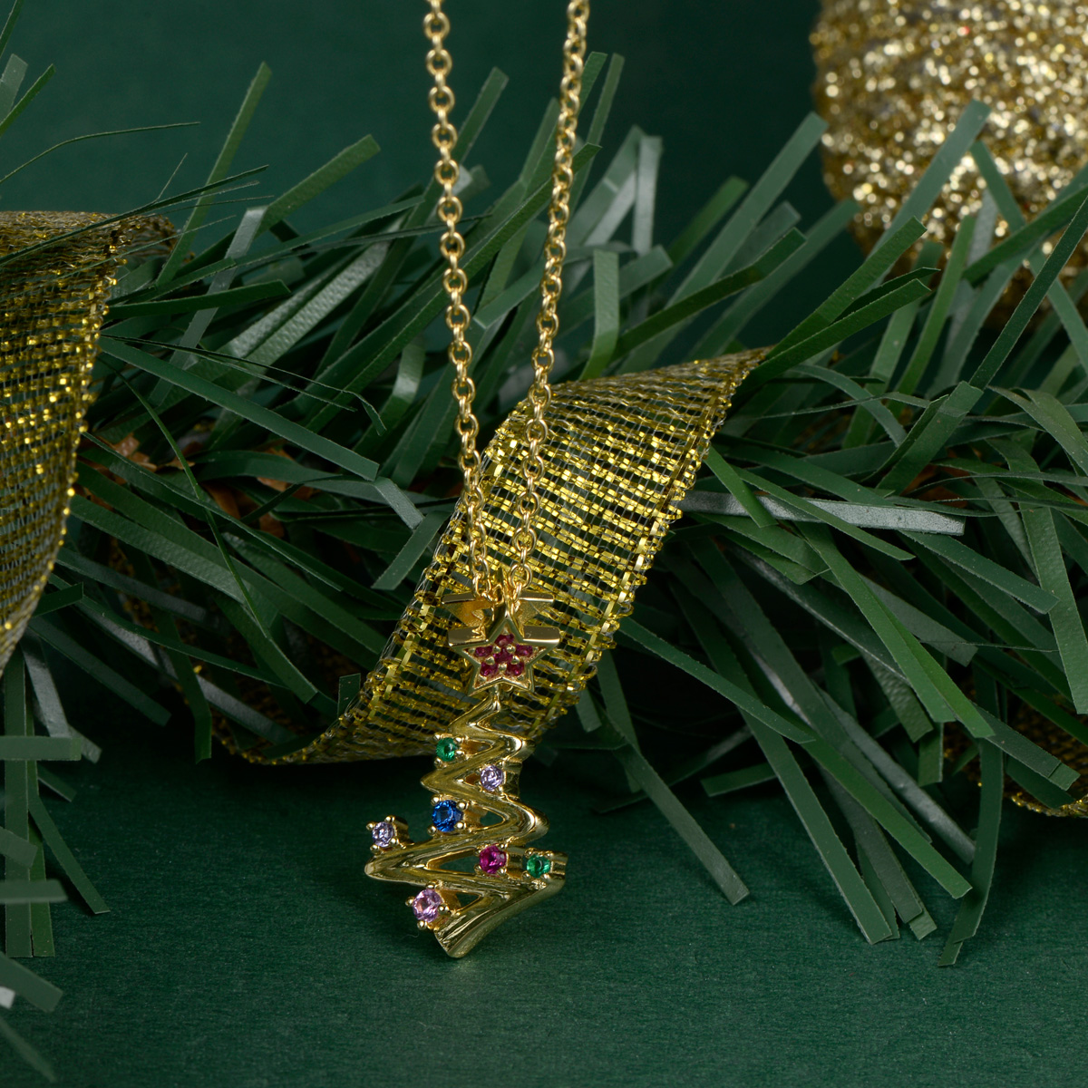 Christmas tree gold plated crystal pendant necklace