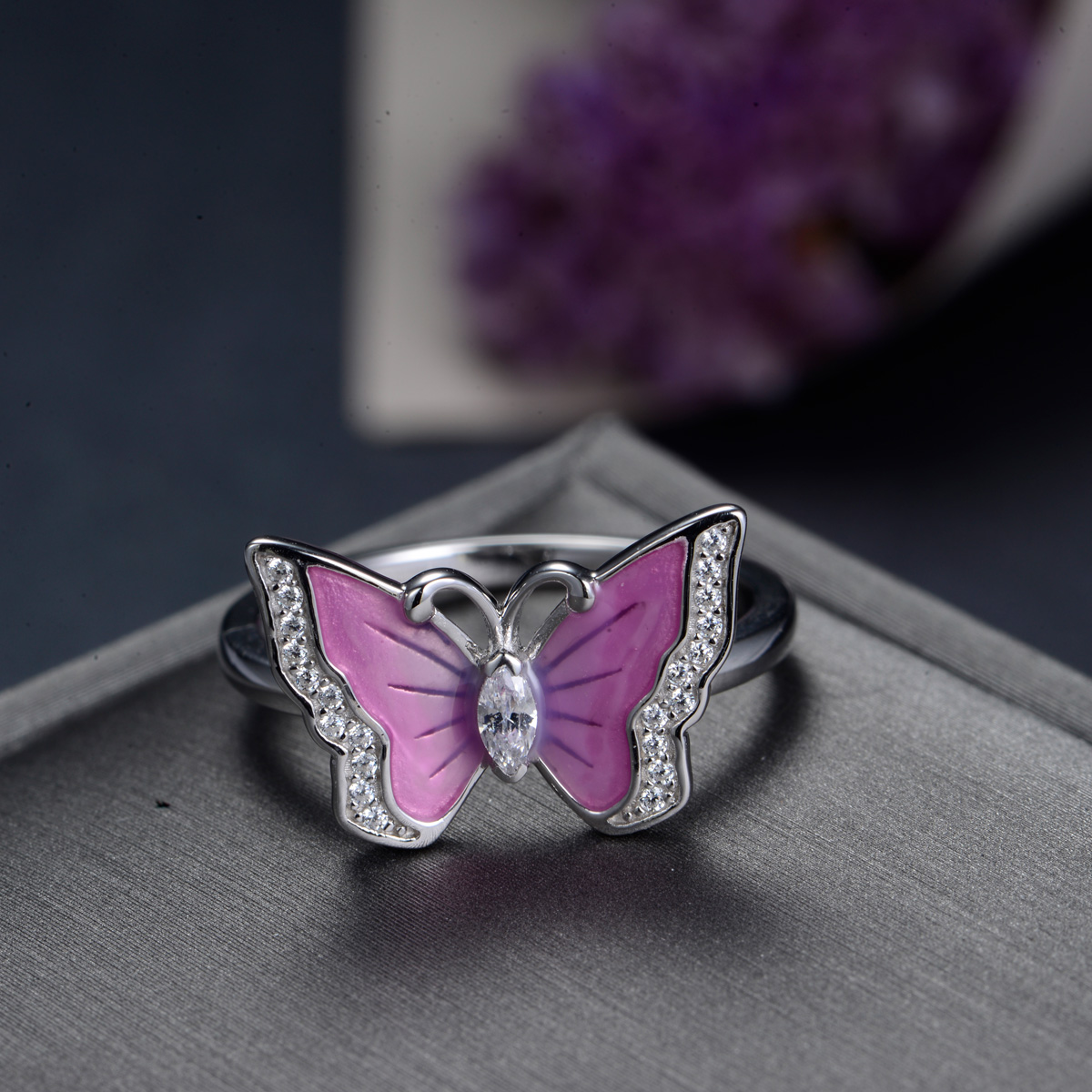 Enamel pink butterfly ring