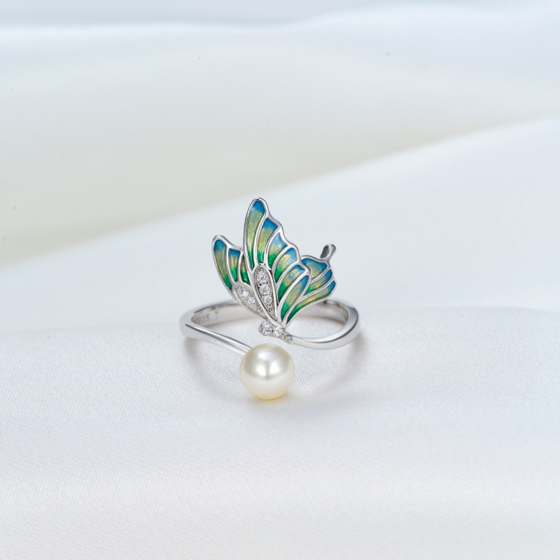 Enamel butterfly pearl ring