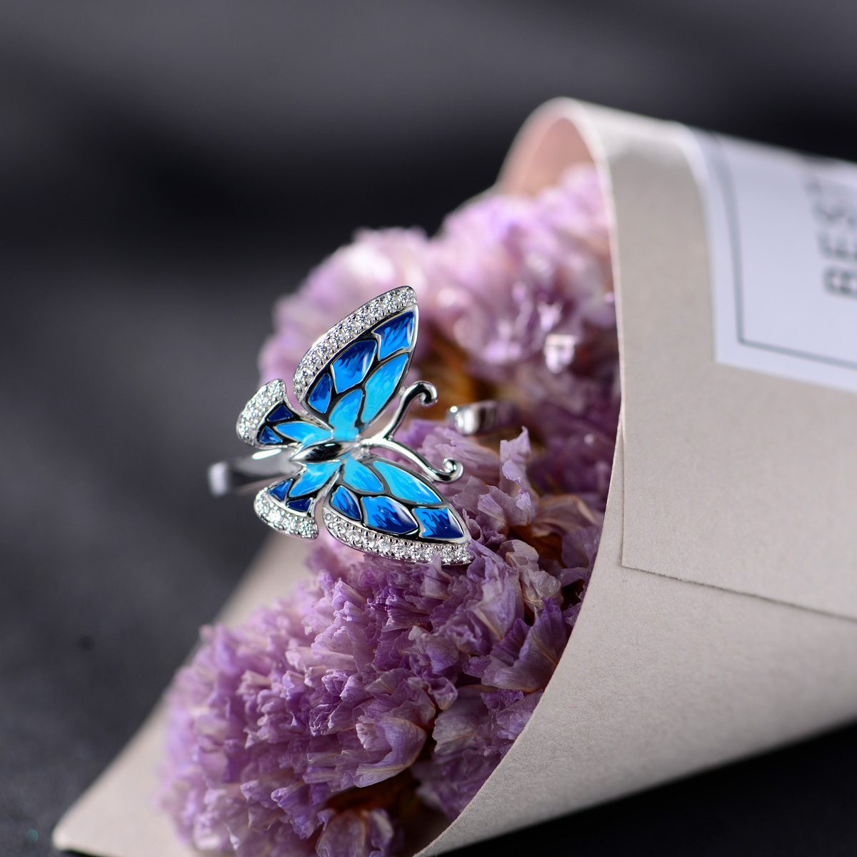 Enamel blue gradient ramp butterfly ring