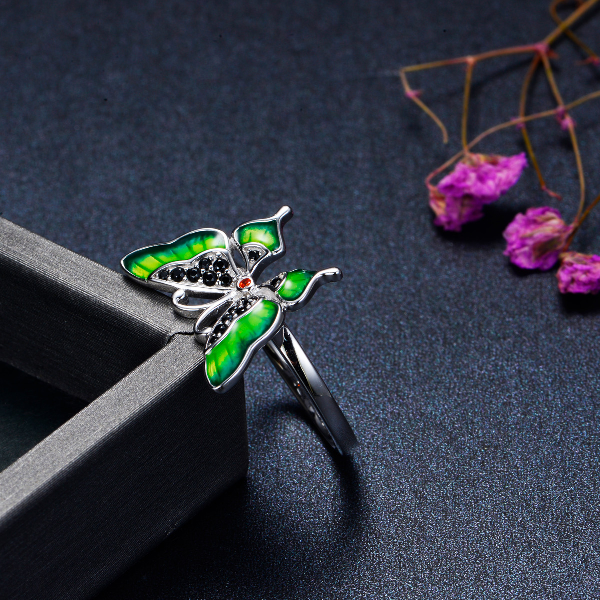 Enamel green gradient ramp butterfly ring