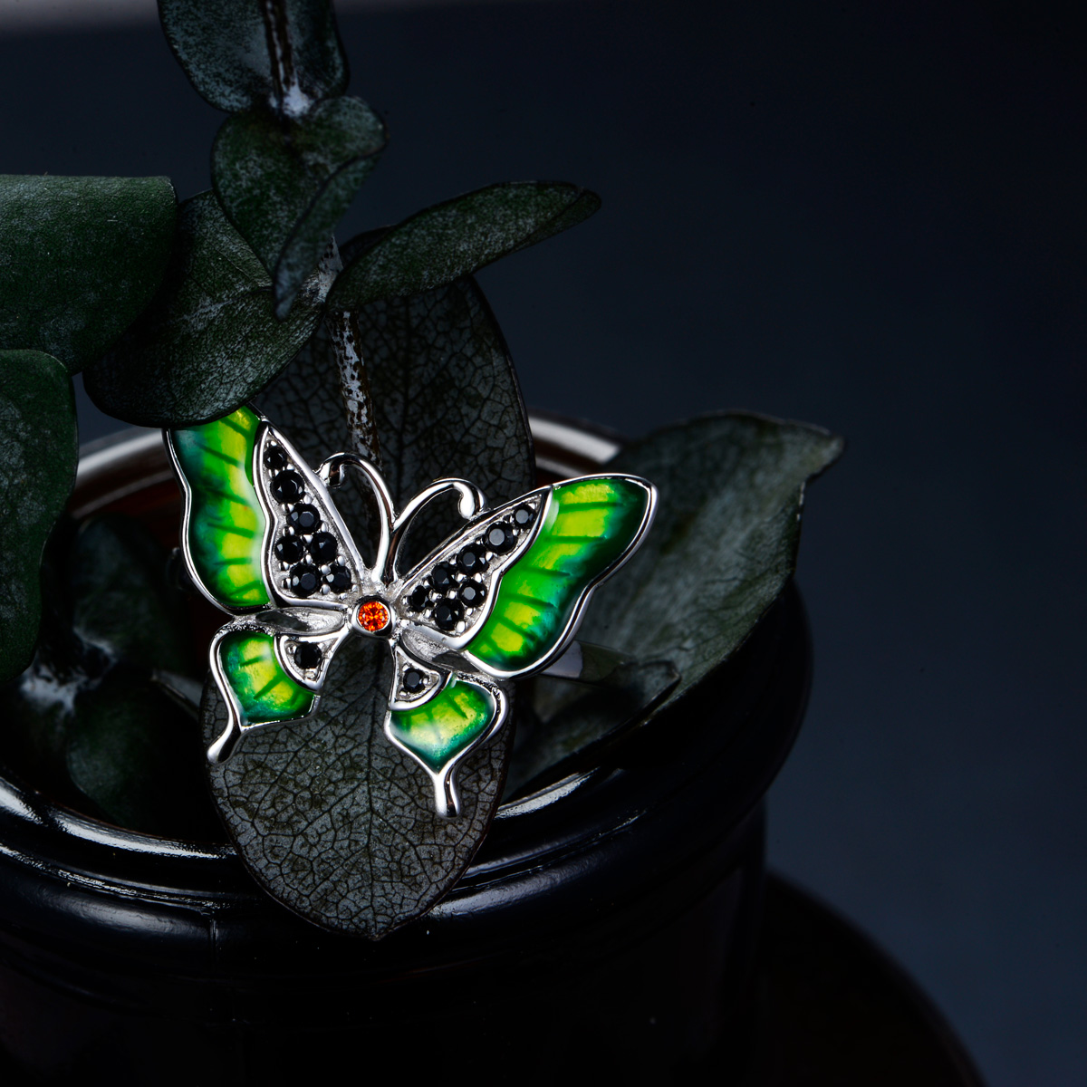 Enamel green gradient ramp butterfly ring