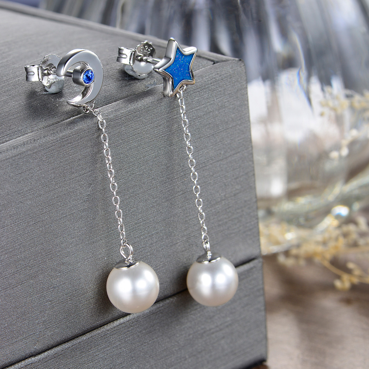 Pearl Moon and Star Long Earrings