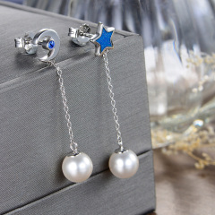 Pearl Moon and Star Long Earrings