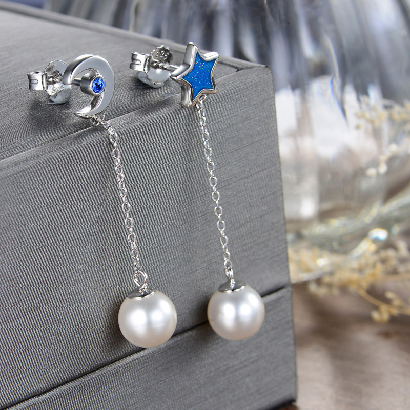 Pearl Moon and Star Long Earrings