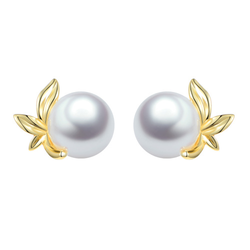 Pearl leaf studs earrings