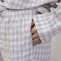 natural gingham women linen shirt pajamas set