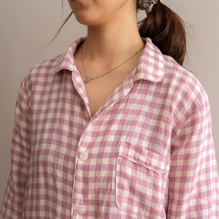 purple gingham women linen shirt pajamas set