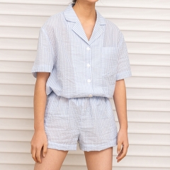 blue white stripe women linen shirt pajamas set