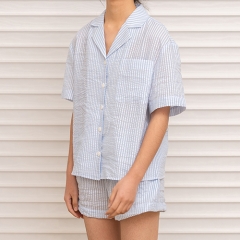 blue white stripe women linen shirt pajamas set