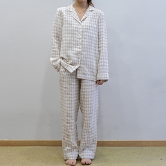 natural gingham women linen shirt pajamas set