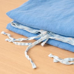 Blue grey fitted sheet linen duvet cover set with printed logo