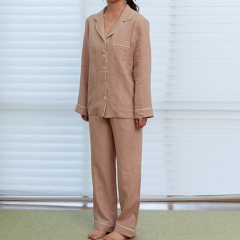 Khaki women linen shirt pajamas set