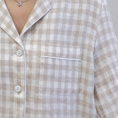 natural gingham women linen shirt pajamas set