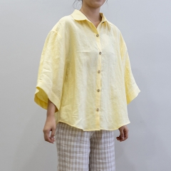 yellow 3/4 sleeve women linen shirt