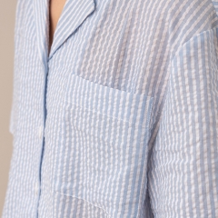 blue white stripe women linen shirt pajamas set