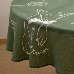 leaf green round linen table cloth set