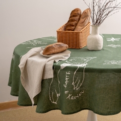 leaf green round linen table cloth set