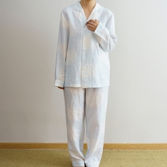 White blue printed women linen shirt pajamas set