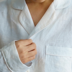 White blue printed women linen shirt pajamas set