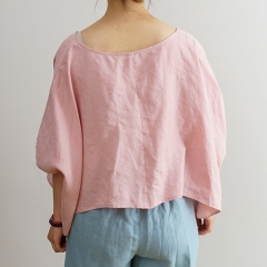 Boat neck pink women linen shirt
