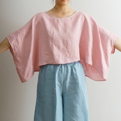Boat neck pink women linen shirt