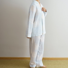 White blue printed women linen shirt pajamas set