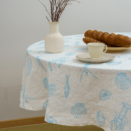 fish printed round linen table cloth set