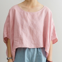 Boat neck pink women linen shirt