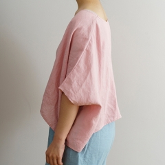 Boat neck pink women linen shirt