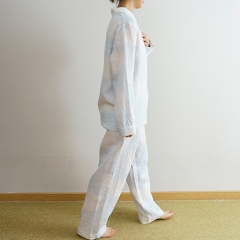 White blue printed women linen shirt pajamas set