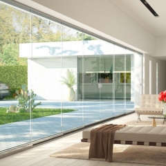 Noiseless Aluminum Frameless Glass Stacking Sliding Door Exterior All Glass Multi Track Sliding Glass Wall System