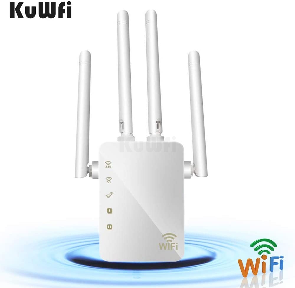 KuWFi Extensor de Red WiFi Amplificador,AC1200Mbps WiFi Extender Ap/WiFi Booster/Enrutador inalámbrico,2 Puertos Ethernet,5GHz de Banda Dual y potenciador WiFi de Cobertura Total 