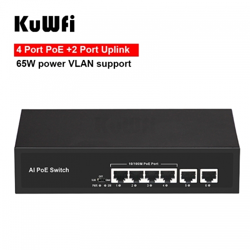 KuWFi 6Port POE Switch Support 802.3af/at IP Cameras and Wireless AP 10/100Mbps Standard Network Switch Extend 250m