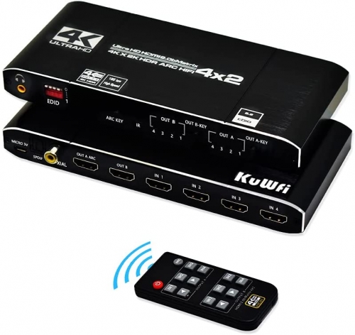 KuWFi HDMI Matrix Switch 4x2, KuWFi HDMI Switch Support HDCP 2.2 IR Remote Control HDMI Splitter 4x2 Spdif 4K HDMI Matrix Switch (4K@60Hz ARC Matrix)