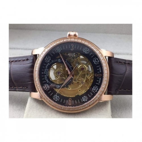 Patek Philippe Calatrava Skeleton Rose Gold Diamonds Bezel Swiss