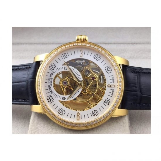 Patek Philippe Calatrava Skeleton Yellow Gold Diamonds Bezel Swi