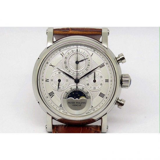 Patek Philippe Moonphase Chronograph Stainless Steel White Dial