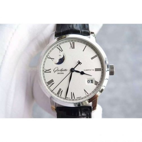 Glashutte Senator Panorama Date Moon Phase Stainless Steel White