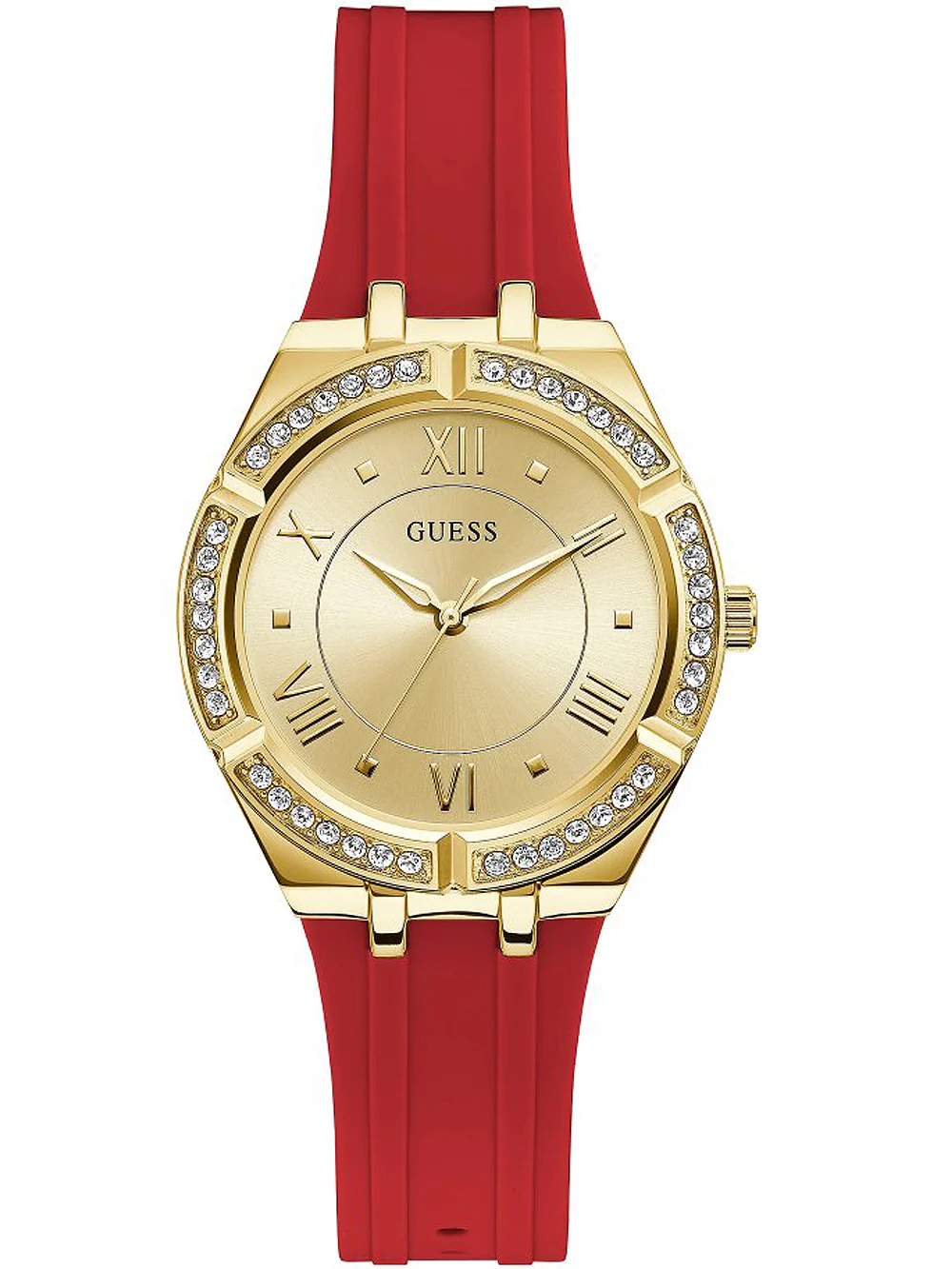 Crystal Accented Gold Tone Red Strap Women's Watch GW0034L6