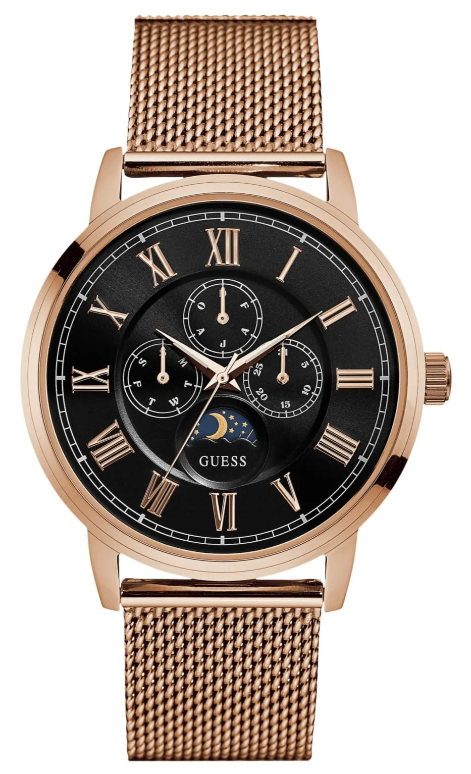 Black Dial Rose Gold Mesh Bracelet Watch for Men