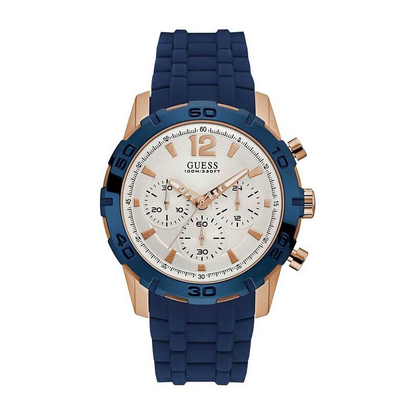 W0864G5 BLUE/WHITE/ROSE GOLD/SILICONE MENS CHRONO WATCH NEW IN BOX